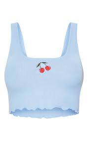 Baby Blue Embroidered Cherry Rib Crop Top Prettylittlething Il