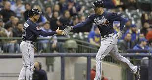 Milwaukee Wi April 1 Freddie Freeman 5 Of The Atlanta Braves Gets Congratulated By Third Base Coach Doug Dascenzo Atlanta Braves Braves Milwaukee Brewers