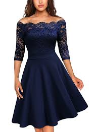 Miusol Women S Short Formal Lace Swing Dresses Vintage Off Shoulder Cocktail A Line Dresses For Women Size L Navy Blue Lace Blue Dress Lace Dress Vintage Party Dress Classy