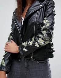 Missguided Missguided Embroidered Floral Leather Look Biker Jacket Floral Leather Jacket Vibe Clothes Embroidered Leather Jacket