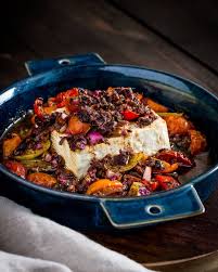 Baked Feta Topped With A Mixture Of Black Olive Tapenade Chopped Red Onions Cherry Tomatoes Greek Extra Virgin Olive Oil Orega Gourmet Recipes Food Recipes