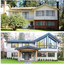 Black And White Theme House Exterior Exterior Before And After High Contrast Update With Blue White And Warm Wood House Exterior House Makeovers Home Exterior Makeover