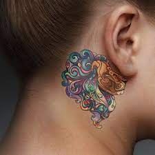 Woman With Behind The Ear Colorful Lions Head Tattoo Jpg 400 400 Tattoos Ear Tattoo Scalp Tattoo