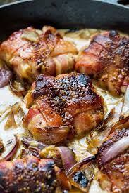 Bacon Wrapped Chicken Thighs With Mustard Cream Sauce Spicy Southern Kitchen Recipe Bacon Wrapped Chicken Poultry Recipes Chicken Recipes