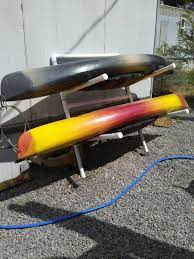 Made from 1.5 inch pvc, it's sufficiently sturdy for two or three kayaks, light, and inexpensive. My New Pvc Kayak Storage Rack Kayak Storage Kayak Storage Rack Kayak Rack Diy