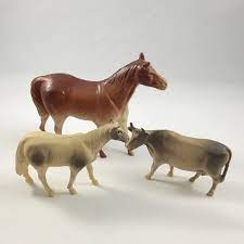 3 Antique Celluloid Farm Animal Toys Two Small Horses And A Etsy Farm Animal Toys Pet Toys Farm Animals