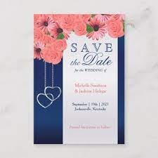 Coral Flowers And Navy Blue Save The Date Zazzle Com In 2021 Blue Coral Weddings Wedding Saving Coral Wedding Decorations