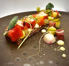 Maybe you would like to learn more about one of these? Citrus And Beetroot Cured Salmon Avocado Puree Wasabi Pickled Cucumber Cucumber And Bison Grass Bodka Gel Rye Bread Prosciutto And Breakfast Radish