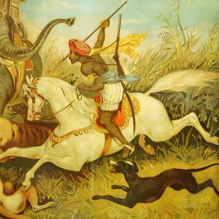 Antique oil print with tiger hunt in India 19th century