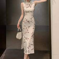 ワンピース ノースリーブ チャイナ風 レトロ 花柄 ロング 着痩せ ライトアプリコット s m l dresszone powered by base 上品なファッション ファッションアイデア ワンピース