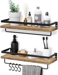 Amazon Com Homemaxs Floating Shelves Wall Mounted Multifunctional Bathroom Shelf With 2 Towel Holders 4 Extra Hooks Set Of 2 Decoration Shelves For Bathroom Kitchen And Living Room Home Kitchen