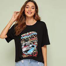 Letter And Car Print Tee T Shirts For Women Stylish Tshirts Casual T Shirts