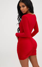 Shape Red Slinky Ruched Mini Dress In 2020 Slinky Mini Dress Mini Dress Red Ruched Dress