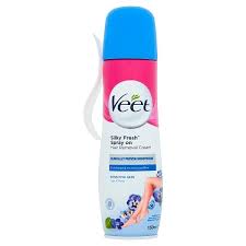You can use veet hair removal creams around your bikini line, but take care not to make contact with your intimate areas. Veet Spray On Hair Removal Cream Sensitive 150ml Superdrug
