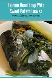 Salmon Head Soup With Sweet Potato Leaves Recipe Sweet Potato Leaves Sweet Potato Soup Sweet Potato
