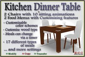 It's pricey at more than $1,000, but it comes in 12 different colors so you can match it perfectly with existing chairs and decor. Second Life Marketplace Kitchen Table Set Kitchen Table 2 Chairs W 10 Animation Sitting Types 10 Food Menus