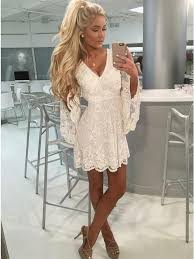 V Neck Bell Sleeves Open Back Homecoming Dresses Lace Cocktail Dresses White Homecoming Dresses Cocktail Dress Lace Lace Party Dresses