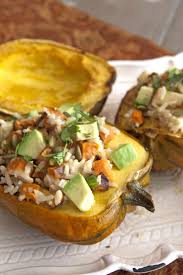 Roasted Acorn Squash Stuffed With Sweet Potatoes And Rice We Love An Edible Bowl This Roasted Acorn Squa Sweet Potato Rice Acorn Squash Roasted Sweet Potatoes