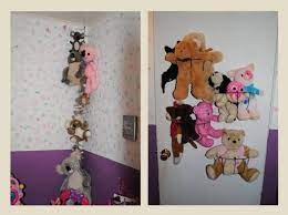 Diy Stuffed Animal Storage On The Left Rope From Dollar Tree Hung From Hook In Ceiling Clothes Pi Stuffed Animal Storage Hanging Metal Baskets Toddler Rooms