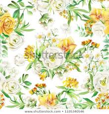 Beautiful watercolor pattern with flowers and citrus on a white background. Beautiful Watercolor Flowers Seamless Pattern On White Background Yellow Flowers Roses Peonies Marigolds And Cam Wasserfarbenblumen Illustration Beautiful