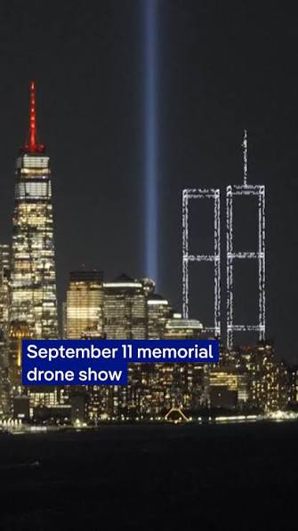 Drones recreated the World Trade Center towers over the waters of New York Harbor in a memorial to those who were killed during the 9/11 attacks. The display used 2977 drones, one for each person ...