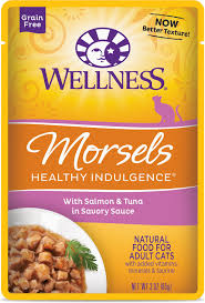 Wellness Healthy Indulgence Morsels With Salmon Tuna In Savory Sauce Grain Free Wet Cat Food Pouches 3 Oz Case Of 24