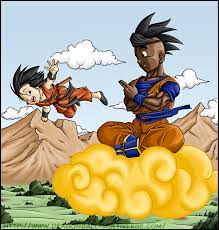 flying nimbus, pan (dragon ball), uub, dragon ball, dragon ball multiverse,  highres, tagme, black eyes, black hair, cloud, cloudy sky, flying, grass,  greeting, happy, looking at another, looking to the side, mountain,