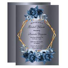 Navy Blue Florals Dark Silver Gold Bridal Shower Invitation Zazzle Com Gold Bridal Shower Invitations Bridal Shower Invitations Gold Bridal Showers