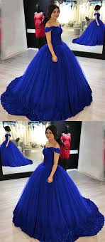 Royal Blue Lace Appliques V Neck Off Shoulder Tulle Wedding Dress Ball Gowns Quinceanera Dresses Blue Sweet 16 Dresses Ball Dresses