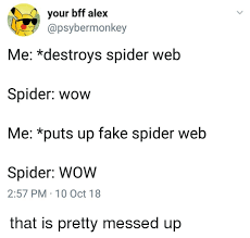 Are Your Bff Alex Me Destroys Spider Web Spider Wow Me Puts Up Fake Spider Web Spider Wow 257 Pm 10 Oct 18 That Is Pretty Messed Up Fake Meme On Me Me