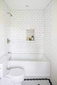 White Hex Tiled Shower Niche Over Drop In Bathtub Cottage Bathroom White Subway Tile Shower Tile Shower Niche Shower Tile