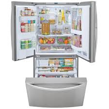 Kenmore refrigerators include features like geniuscool, phone integration, ice makers, and water dispensers. Kenmore Elite 74033 29 6 Cu Ft French Door Bottom Freezer Refrigerator W Grab N Go Door Stainless Steel