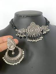 Oxidized Silver Choker Necklace Set Bridal Jewelry Tribal Etsy Choker Necklace Set Silver Choker Silver Choker Necklace