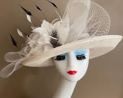 Ivory/white/gray Church Carriage Kentucky Derby Hat W Netting Bow &  White/black Feather Flowers. Mother Day Easter Wedding Tea Race Hat
