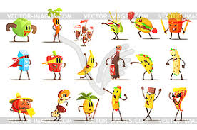 Food pattern funny happy cartoon avocado fresh design. Fast Food And Healthy Food Cartoon Characters Set Vector Image