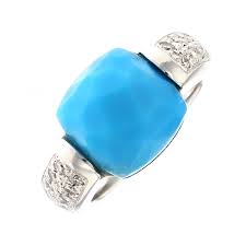 Bague Pierre Bleue Turquoise Et Diamants 0 36 Carat En Or Blanc
