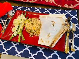 Parmesan crusted trout and tomato couscous. Herb Roasted Florida Fish En Pappilotte Also Israeli Couscous With Apricots And Roasted Asparagus Mary S Joy Of Family Cooking