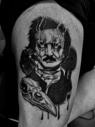 Poe raven tattoo with skull, book, quill, and quote. Facebook