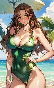 pen illustration of a beautiful anime girl in a green swimsuit on a  wonderful body
