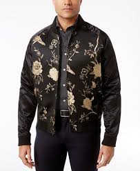 Black And Gold Bomber Jacket Mens Tallia Men S Slim Fit Black And Metallic Silver Embroidered Bomber Jacket Embroidered Bomber Jacket Bomber Jacket Black Bomber Jacket