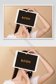 Everything in the scene is separated and isolated. Half Length Portrait Of A Female Model Holding Tablet Mockup Psd Free Download Pikbest