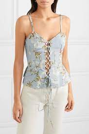 Brock Collection Lace-up Floral-print Cotton-blend Jacquard Top Shopping Outfit Turquoise Lace Fashion