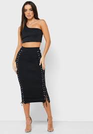 Buy Missguided Black Eyelet Lace Up Midi Skirt For Women In Mena Worldwide