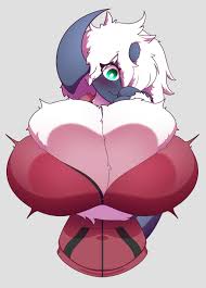222929 - suggestive, artist:fancyplanks, oc, oc:tia(lunarspy), absol,  fictional species, mammal, anthro, nintendo, pokémon, big breasts,  blushing, breast expansion, breasts, expansion, female, fur, huge breasts,  simple background - Furbooru