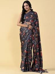 Black Digital Printed Heavy Satin Silk Saree with Matching Silk Blouse |  Exotic India Art