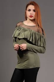 Omuz Tul Firfirli Haki Bluz Giyim Indirim Kampanya Bayan Erkek Bluz Gomlek Trenckot Hirka Etek Yelek Mont Kase Kaban Elbise Ab Moda Giyim Bluz