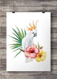 Cockatoo Tropical Parrot Bird White Hibiscus Watercolor Palm Leaves Australian Flora Fauna Prin Watercolor Bird Birds Painting Bird Drawings