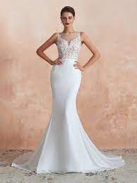 Günstige weg von der schulter elfenbein tulle ballkleid brautkleid. Meerjungfrau Brautkleid Lang Rucken Transparent Weiss Chiffon Spitze Mit Schleppe