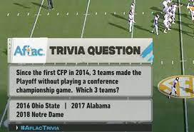 Cbs aflac trivia questions : Redditcfb On Twitter Today S Aflac Trivia Question Missed 2015 Oklahoma As A Team To Make The Playoff Without Playing In A Conference Championship Https T Co Mawzr2vhif Twitter