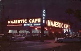 The building is from the art nouveau period, reminiscent of parisian cafés at the time. Majestic Cafe 1960 S Night Scene Blythe Ca Postcard